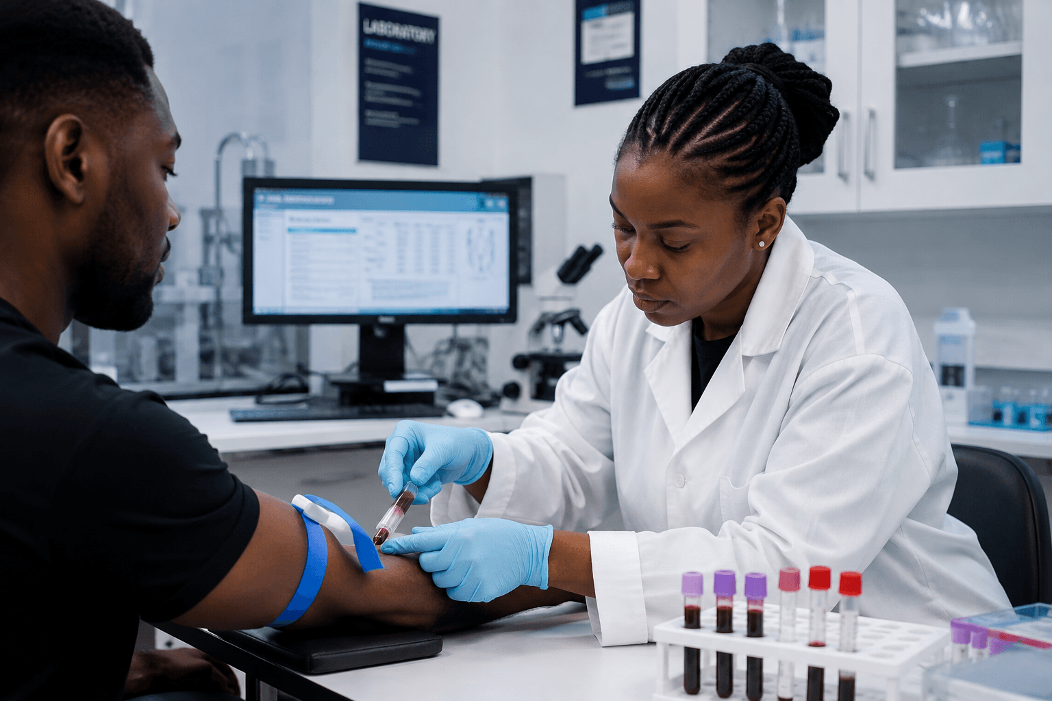 A phlebotomist drawing a blood sample from a patient into a labelled collection tube
