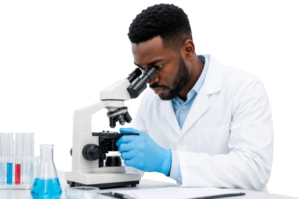 A medical laboratory scientist examining a specimen under a microscope
